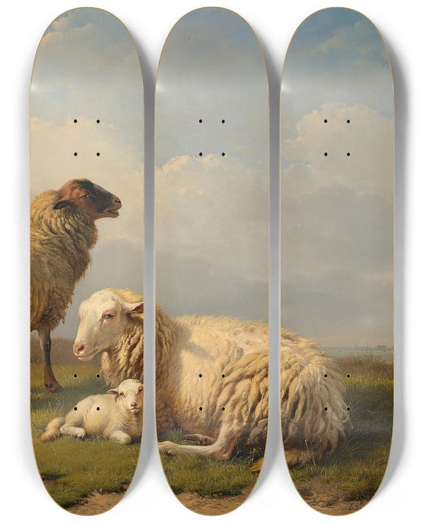 Triptych art skateboard deck of Eugne Joseph Verboeckhoven Sheep Lamb And Ducks By A Pond by Eugene Joseph Verboeckhoven (1798-1881)