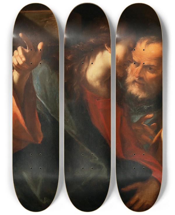 Triptych art skateboard deck of Giovanni Battista Beinaschi The Tribute Money by Giovanni Battista Beinaschi (1636-1688)