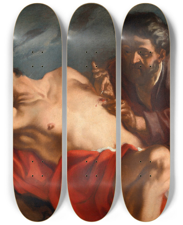 Triptych art skateboard deck of Giovanni Battista Piazzetta The Good Samaritan by Giovanni Battista Piazzetta (1682-1754)