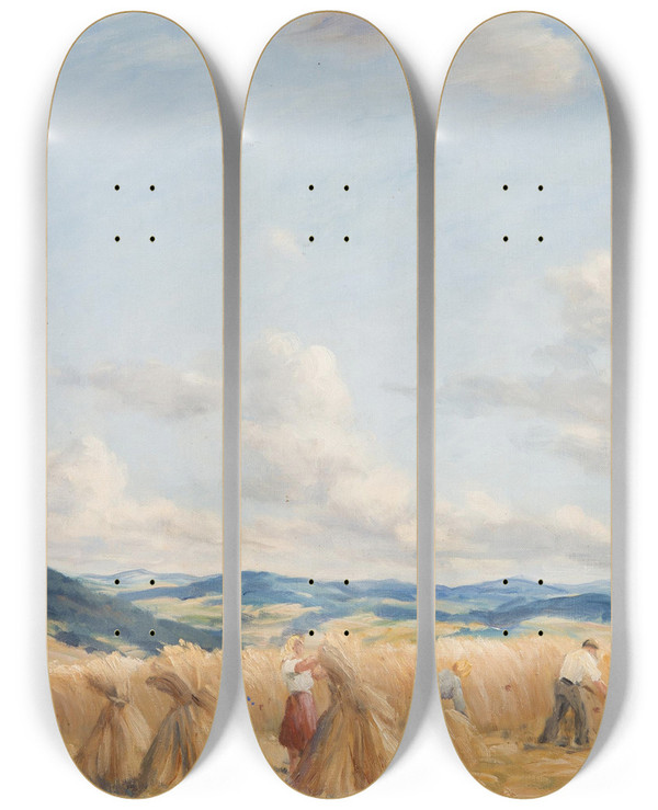 Triptych art skateboard deck of Tavk Frantiek Imon Harvest In The Czechmoravian Highlands by Tavk Frantiek imon (1877-1942)