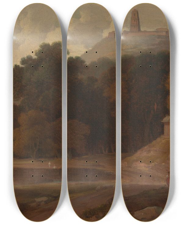Triptych art skateboard deck of Thomas Daniell Hilly Landscape In India by Thomas Daniell (1749-1840)