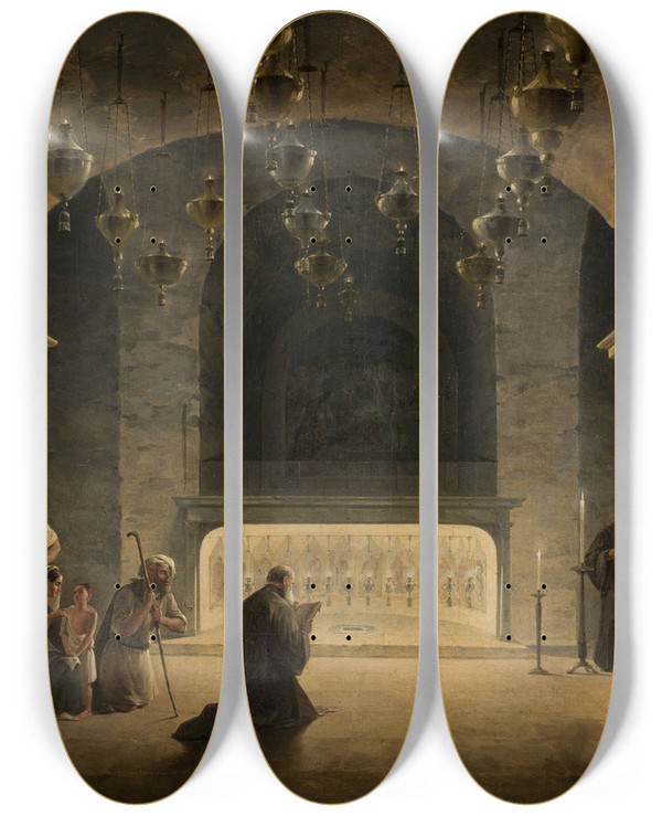 Triptych art skateboard deck of Maxim Nikiforovitsch Worobjeff Interior Of The Crypt In The Church Of The Nativity In Bethlehem by Maxim Nikiforovitsch Worobjeff (1787-1855)
