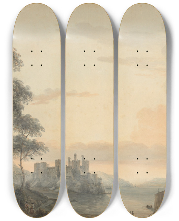 Triptych art skateboard deck of Paul Sandby Conway Castle by Paul Sandby (1731-1809)