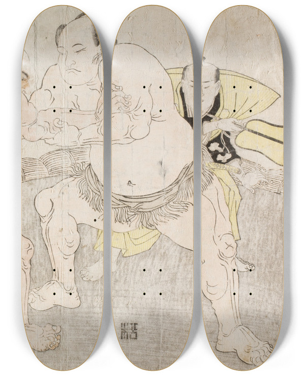 Triptych art skateboard deck of Katsukawa Shunsh Wrestlers Kajigahama Rikiemon Of The Eastern Group And Sekinoto Hachirji Of The Edo Tea With The Umpire Kimura Shnosuke by Katsukawa Shunsho (1726-1792)