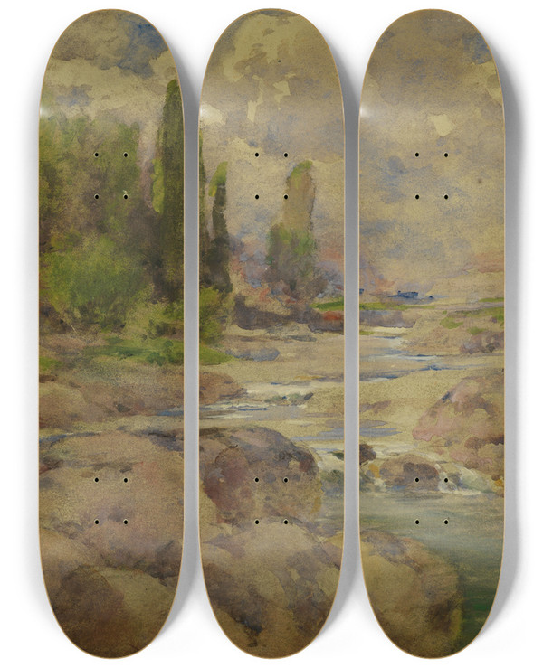 Triptych art skateboard deck of William Henry Holmes The Normal Rock Creek by William Henry Holmes (1846-1933)