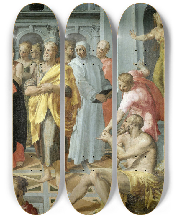 Triptych art skateboard deck of Pellegrino Tibaldi Visitation Meeting Of Mary And Elizabeth In The Presence Of Saints Joseph And Jerome by Pellegrino Tibaldi (1527-1596)