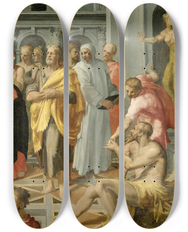 Triptych art skateboard deck of Circle Of Pellegrino Tibaldi Visitation Meeting Of Mary And Elizabeth In The Presence Of Saints Joseph And Jerome by Circle Of Pellegrino Tibaldi (1527-1596)
