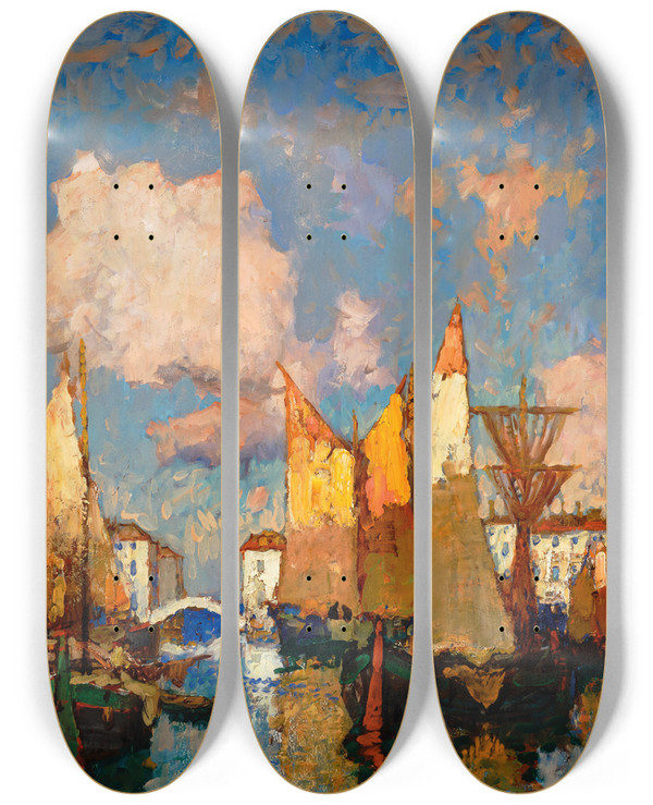 Triptych art skateboard deck of Konstantin Ivanovich Gorbatov Chioggia by Konstantin Ivanovich Gorbatov (1876-1945)
