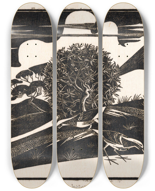 Triptych art skateboard deck of Bernard Essers Twee Fazanten In Een Heuvellandschap by Bernard Essers (1893-1945)