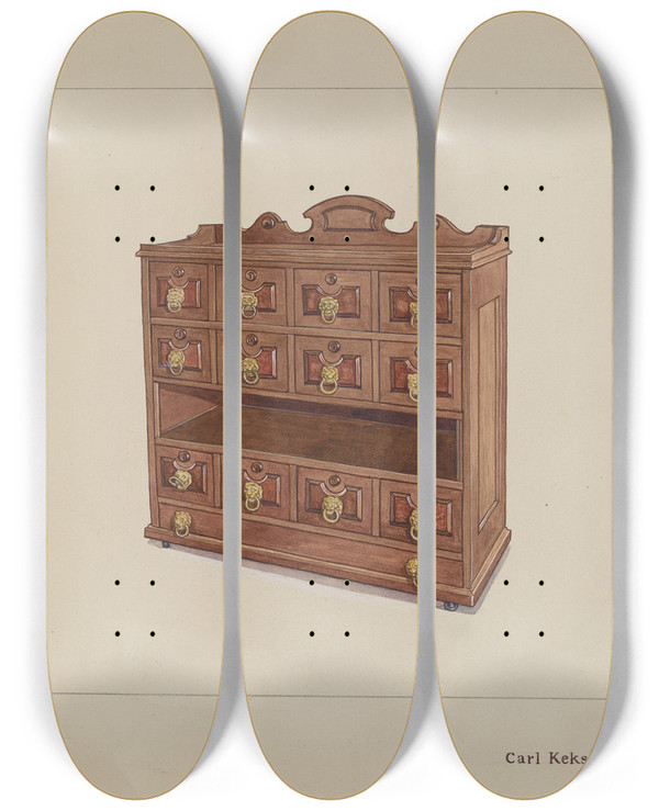 Triptych art skateboard deck of Carl Keksi Butlers Table by Carl Keksi