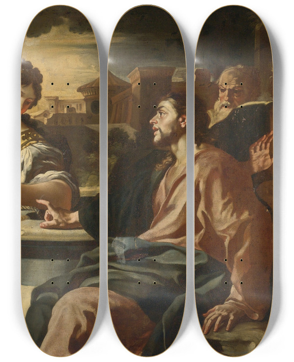 Triptych art skateboard deck of Francesco Solimena Christ And The Woman Of Samaria by Francesco Solimena (1657-1747)