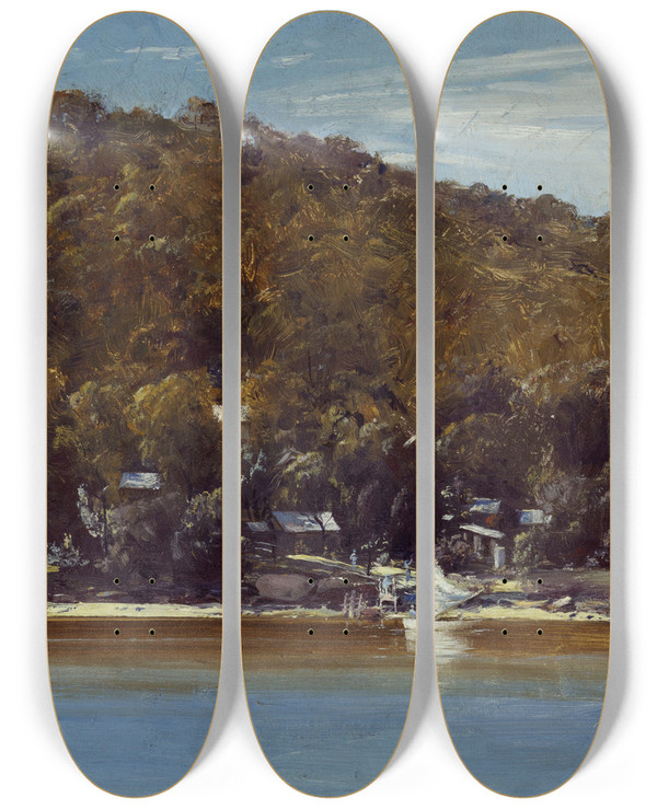 Triptych art skateboard deck of Tom Roberts The Camp Sirius Cove by Tom Roberts (1856-1931)