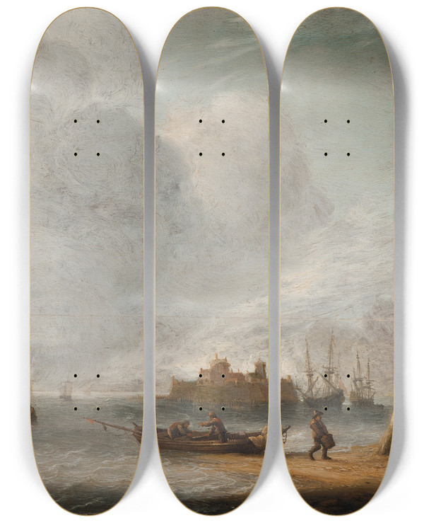 Triptych art skateboard deck of Jan Abrahamsz Beerstraaten By The Seaside by Jan Abrahamsz Beerstraaten (1622-1666)