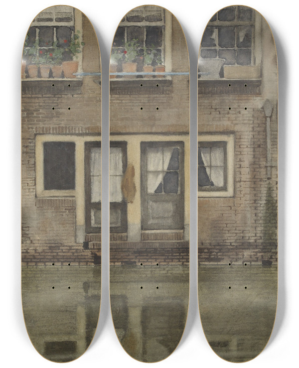 Triptych art skateboard deck of Willem Witsen Huizen Aan Een Gracht Te Amsterdam by Willem Witsen (1860-1923)