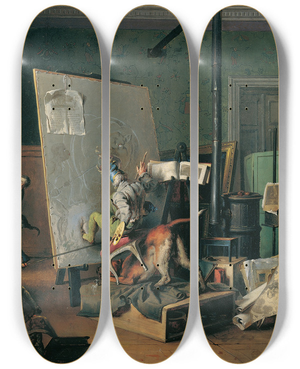 Triptych art skateboard deck of Josef Danhauser Komische Szene Im Atelier by Josef Danhauser (1805-1845)