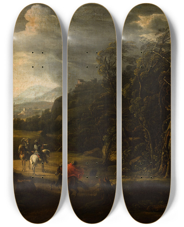 Triptych art skateboard deck of Wilhelm Von Bemmel Landscape With Horsemen by Wilhelm von Bemmel (1630-1708)