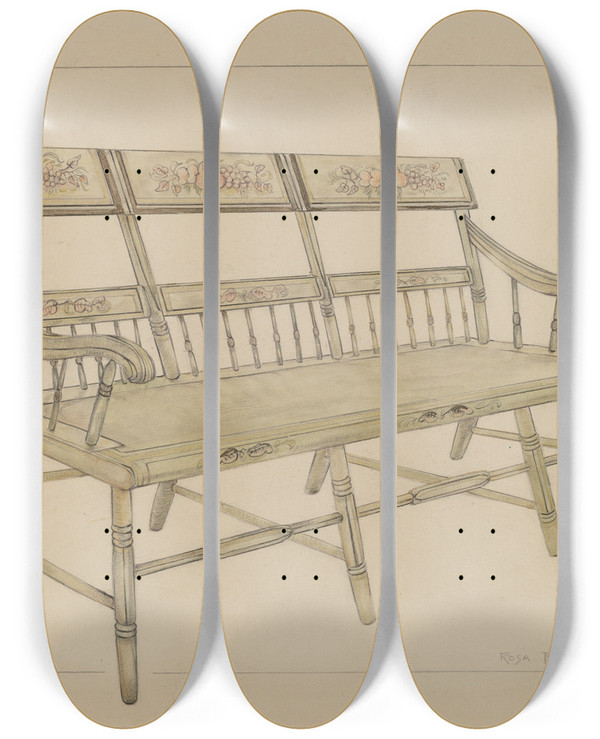Triptych art skateboard deck of Rosa Burger Settee by Rosa Burger