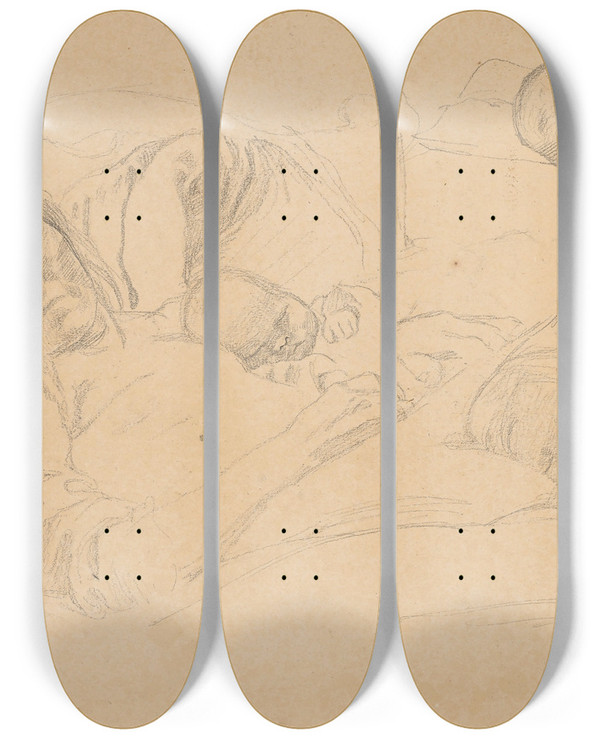 Triptych art skateboard deck of Kthe Kollwitz Frau Im Bett Mit Ihrem Kind by Kthe Kollwitz (1867-1945)