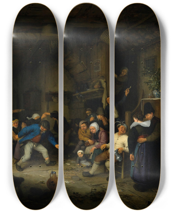 Triptych art skateboard deck of Adriaen Van Ostade Peasants Dancing In A Tavern by Adriaen Van Ostade (1610-1684)