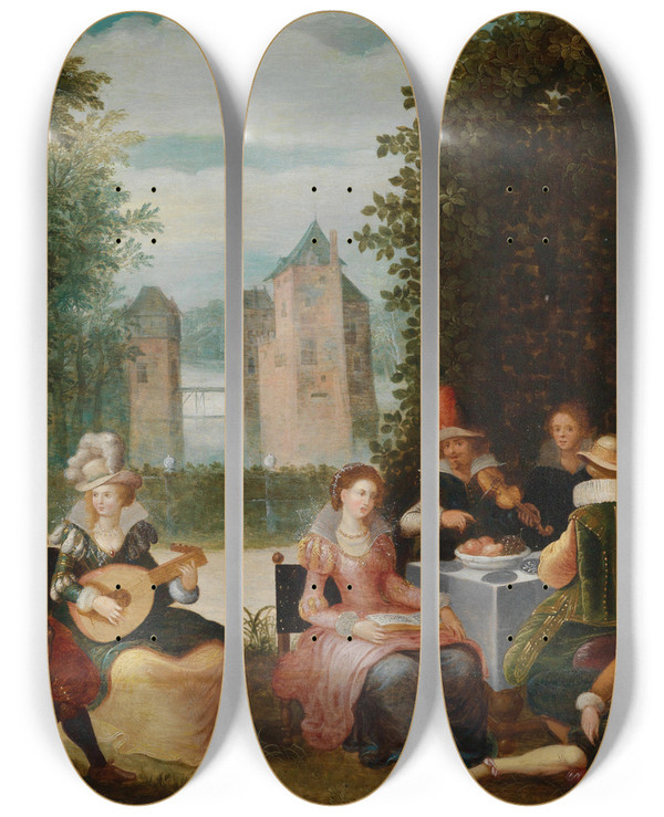 Triptych art skateboard deck of Louis De Caullery Musizierende Gesellschaft by Louis de Caullery (1580-1621)