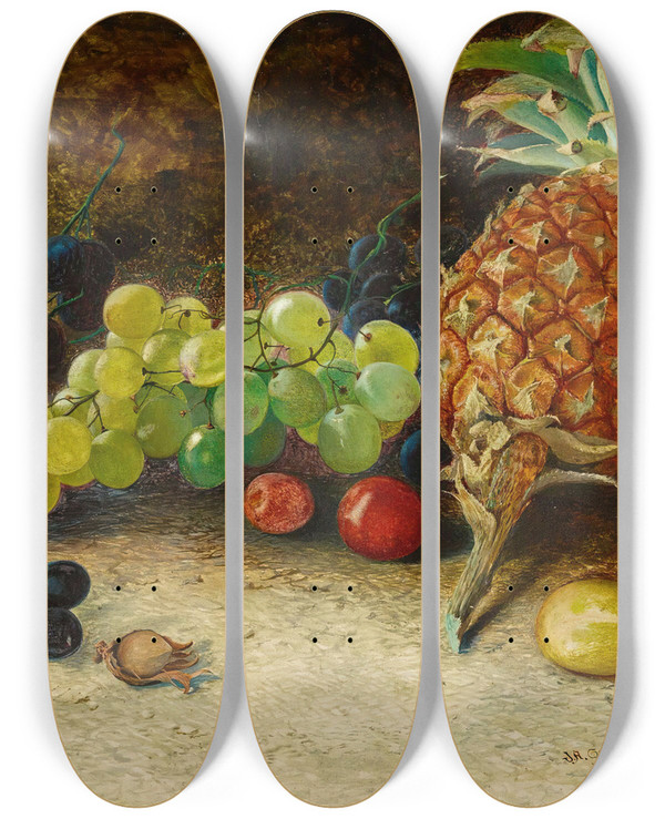 Triptych art skateboard deck of John Atkinson Grimshaw Still Lifewith A Pineapple Grapes Nutsand Plums by John Atkinson Grimshaw (1836-1893)