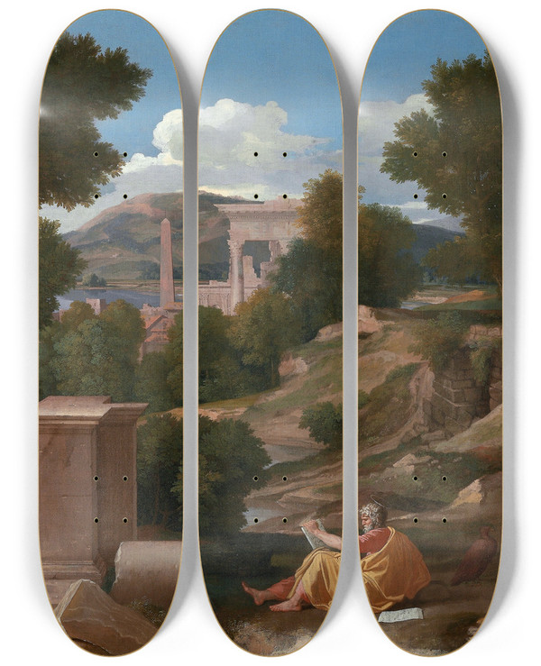 Triptych art skateboard deck of Nicolas Poussin Landscape With Saint John On Patmos by Nicolas Poussin (1594-1665)