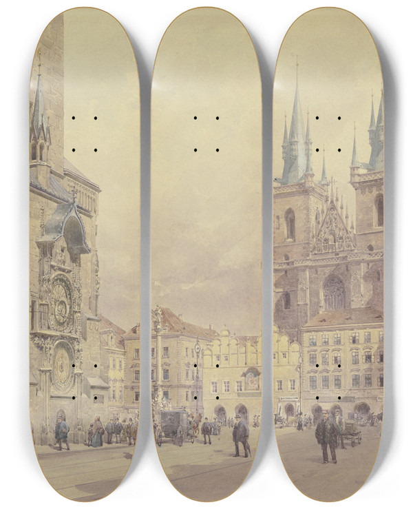 Triptych art skateboard deck of Rudolf Von Alt Blick Auf Die Teynkirche Und Die Mariensule Am Altstdter Ring Zu Prag by Rudolf Von Alt (1812-1905)
