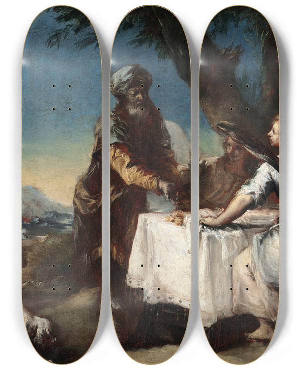 Triptych art skateboard deck of Francesco Guardi Abraham Welcoming The Three Angels by Francesco Guardi (1712-1793)