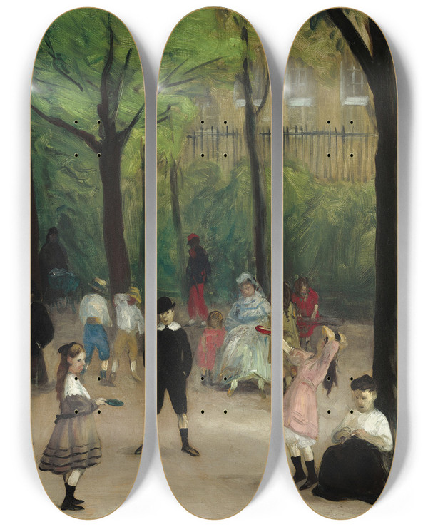 Triptych art skateboard deck of William James Glackens Luxembourg Gardens by William James Glackens (1870-1938)