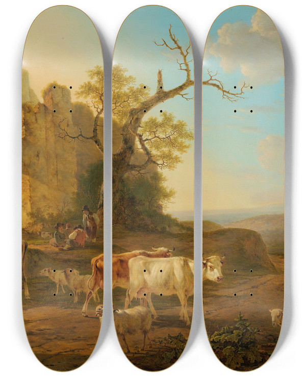 Triptych art skateboard deck of Jacob Van Strij Landscape With Cows Near A Ruin by Jacob Van Strij (1756-1815)