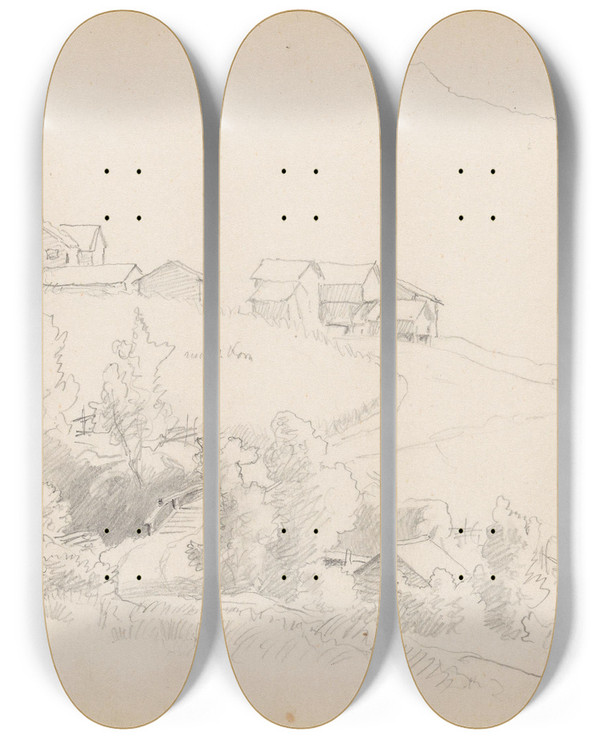 Triptych art skateboard deck of Hans Gude Fra Lrdal by Hans Gude (1825-1903)