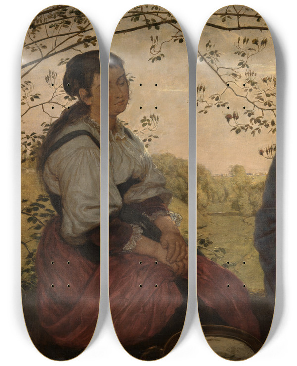 Triptych art skateboard deck of Hans Thoma Christus Und Die Samariterin by Hans Thoma (1839-1924)