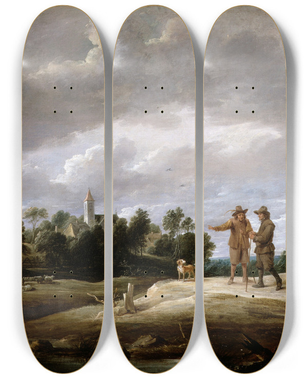 Triptych art skateboard deck of David Teniers The Younger Peasants Conversing by David Teniers The Younger (1610-1690)