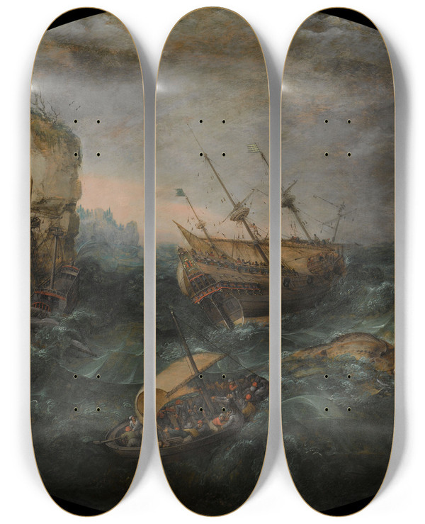 Triptych art skateboard deck of Adam Willaerts Shipwreck Off A Rocky Coast by Adam Willaerts (1577-1664)