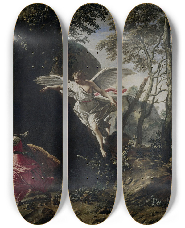 Triptych art skateboard deck of Francesco Cozza Hagar And Ishmael In The Wilderness by Francesco Cozza (1605-1682)