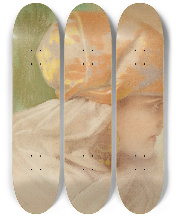 Triptych art skateboard deck of Piotr Stachiewicz Portrait Of A Woman With Earrings by Piotr Stachiewicz (1858-1938)