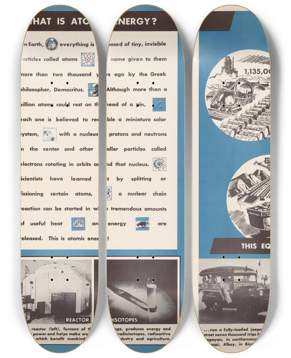 Triptych art skateboard deck of Us Information Agency Atoms For Peace_2 by U S Information Agency (1953-1999)