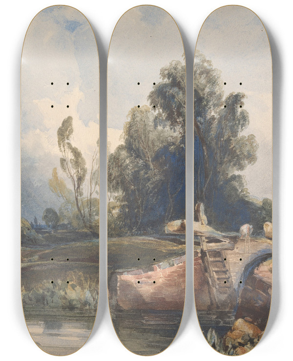 Triptych art skateboard deck of Thomas Sully Landscape With Canal And Lock Figures At Lock by Thomas Sully (1783-1872)