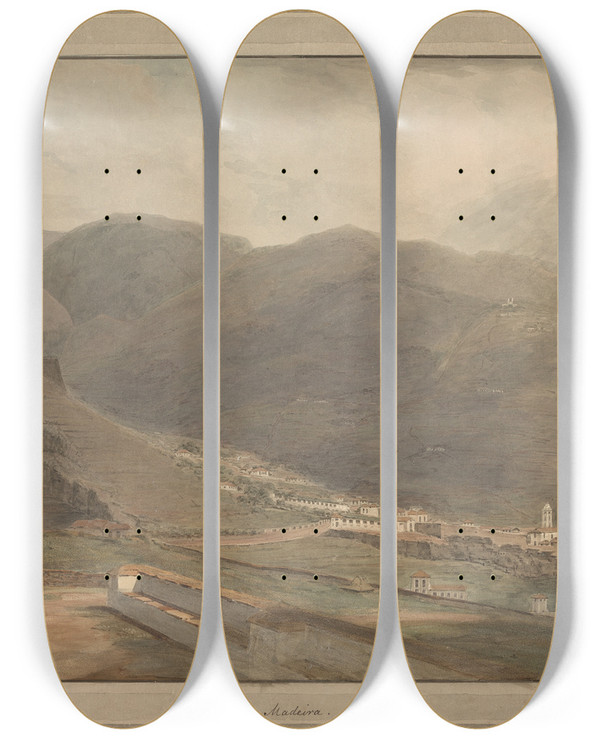 Triptych art skateboard deck of Samuel Davis Madeira by Samuel Davis (1757-1819)