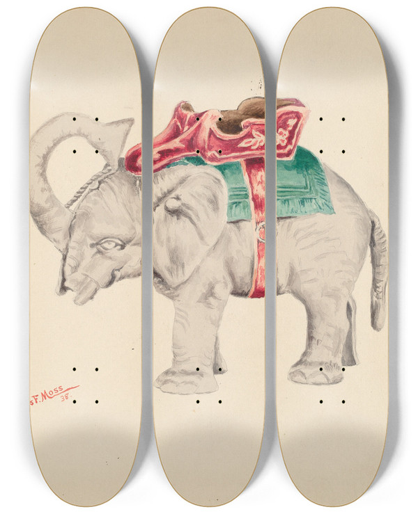 Triptych art skateboard deck of Charles Moss Bank Elephant by Charles Moss