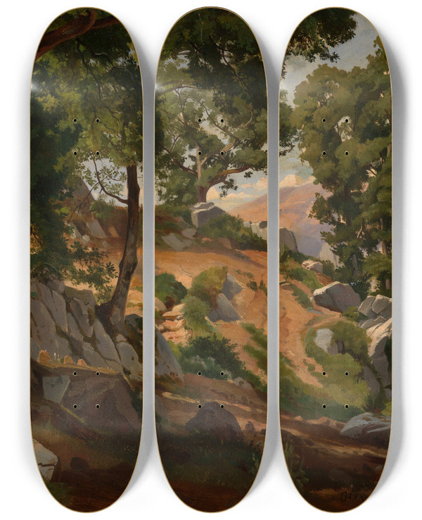 Triptych art skateboard deck of Edmund Kanoldt Aus Der Serpentara Bei Olevano by Edmund Kanoldt (1845-1904)