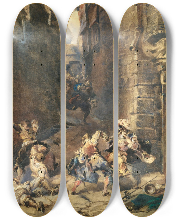 Triptych art skateboard deck of Eugne Isabey La Rixe by Eugene Isabey (1803-1886)