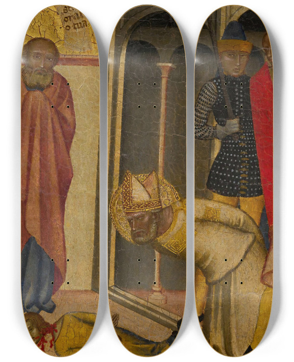 Triptych art skateboard deck of Allegretto Nuzi The Martyrdom Of Saint Blaise by Allegretto Nuzi (1315-1373)