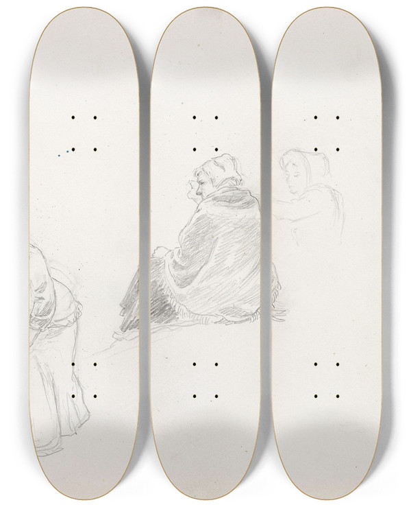 Triptych art skateboard deck of Hans Gude Tre Kvinnefigurer by Hans Gude (1825-1903)