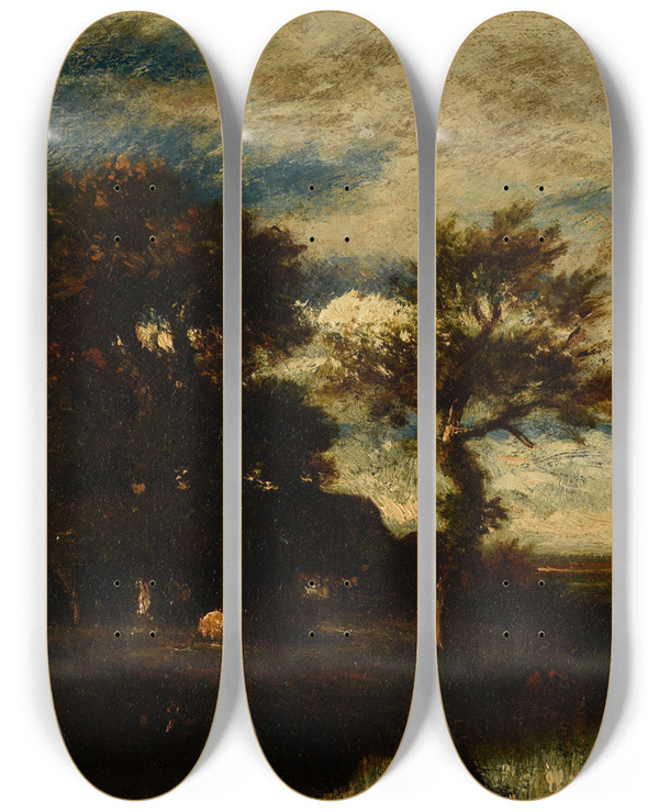 Triptych art skateboard deck of Jules Dupr Paysage Avec Cours Deau by Jules Dupre (1811-1889)