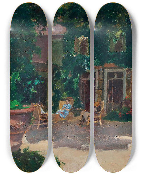Triptych art skateboard deck of Andr Victor Douard Devambez Afternoon Tea In The Shade by Andr Victor douard Devambez (1867-1943)