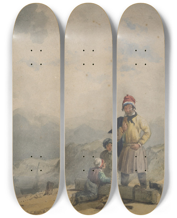 Triptych art skateboard deck of Thomas Cafe Figure On The Seashore by Thomas Cafe