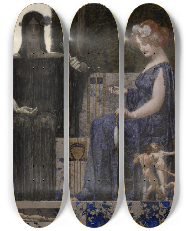 Triptych art skateboard deck of Alexander Rothaug The Three Fates by Alexander Rothaug (1870-1946)