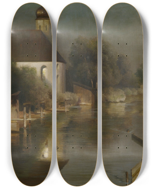 Triptych art skateboard deck of Paul Wilhelm Kellerreutlingen Flusslauf Mit Kapelle Von Frstenfeldbruck by Paul Wilhelm Keller-Reutlingen (1854-1920)