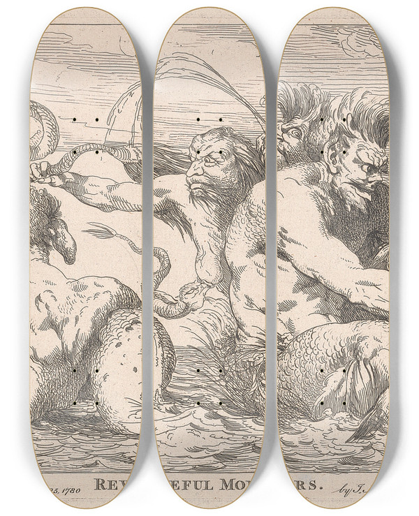 Triptych art skateboard deck of John Hamilton Mortimer Revengeful Monsters by John Hamilton Mortimer (1740-1779)